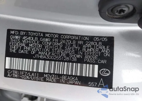 2005 Lexus Es 330 z USA, uszkodzony, nr VIN JTHBA30G255128138